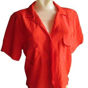 Vintage Women's Medium Top 1970's Red Short-Sleeve Button-Up Blouse Summer mom